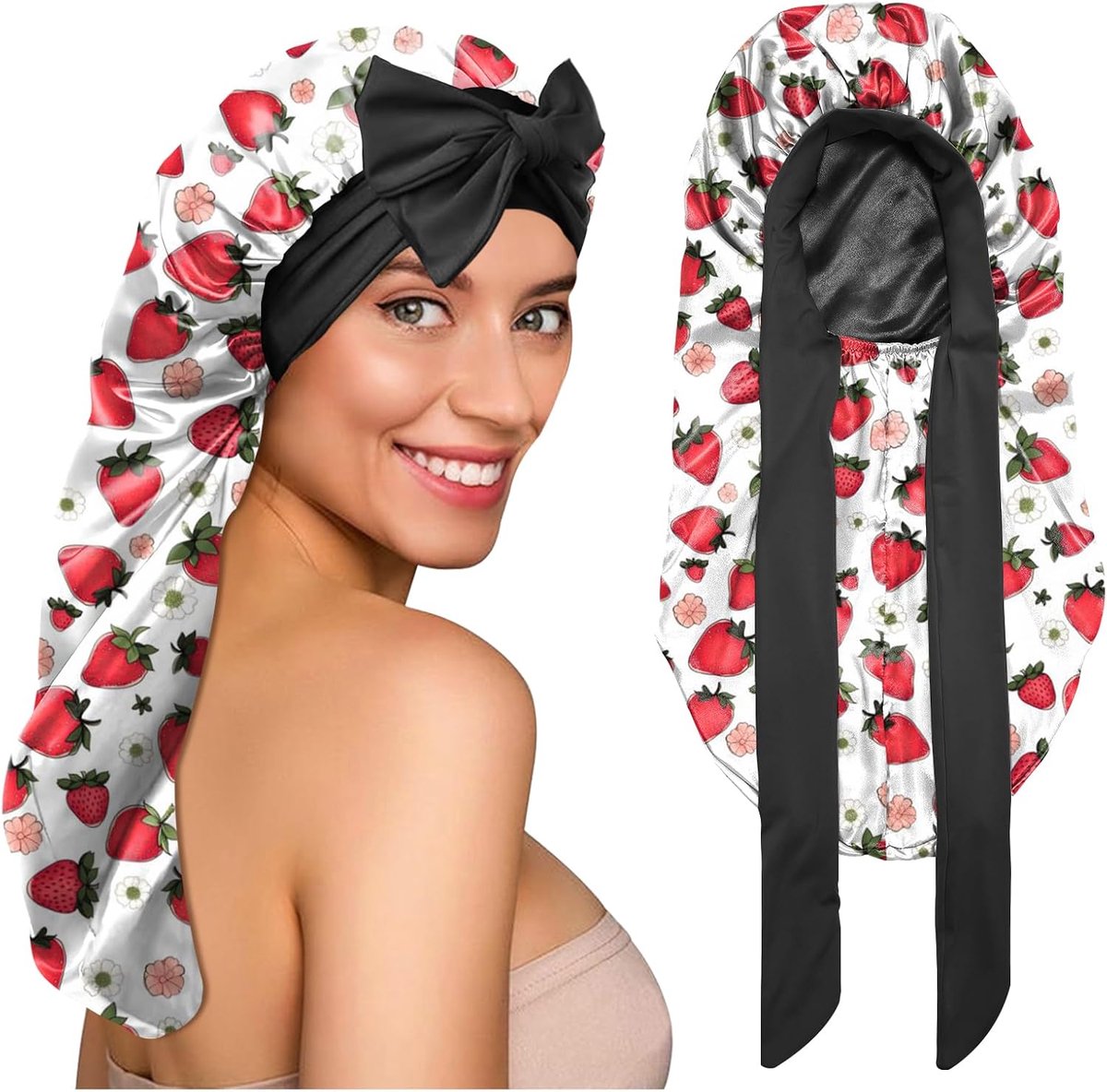 Lange satijnen bonnet om te slapen, verstelbaar, dubbellaags, elastisch, herbruikbaar, lang haar, schattig, esthetisch voor vrouwen en meisjes