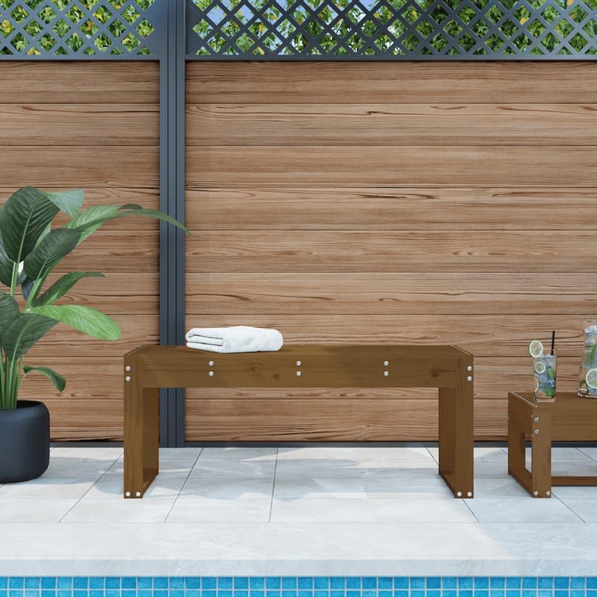 Honingbruin, 110 x 38 x 45 cm, massief grenenhout, tuinbank, terrasbank, gazonbank, parkbank voor tuinen, balkons, terrassen, parken