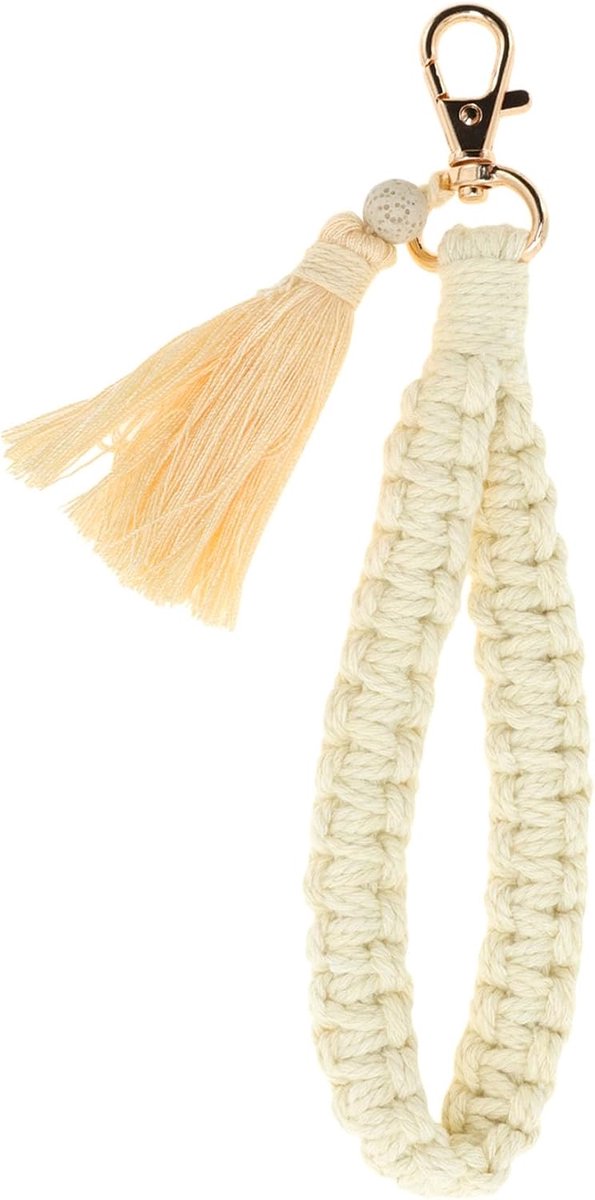 Gevlochten sleutelhanger, Boheemse sleutelhanger, polssleutelhanger, exclusieve sleutelhanger met kwast voor vrouwen, beige