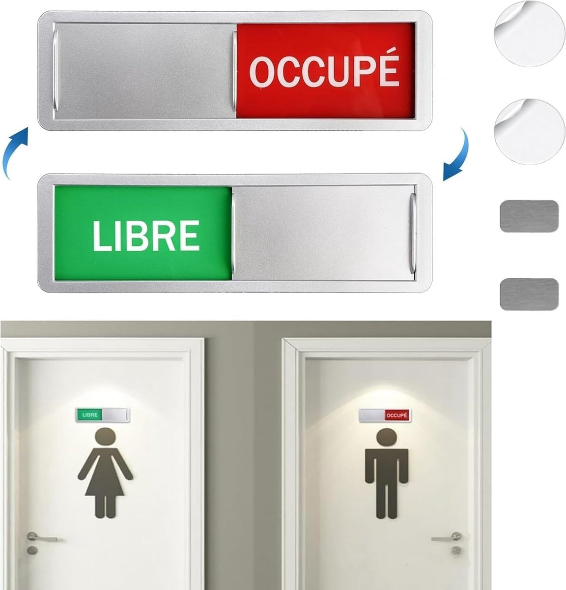 vrij/bezet met 2 stuks ronde stickers, 17,7 x 5,2 cm, schuifbord, vrij/druk, decoratieve zilveren borden en posters, voor vergadering, toilet, school, kantoor, toilet, badkamer