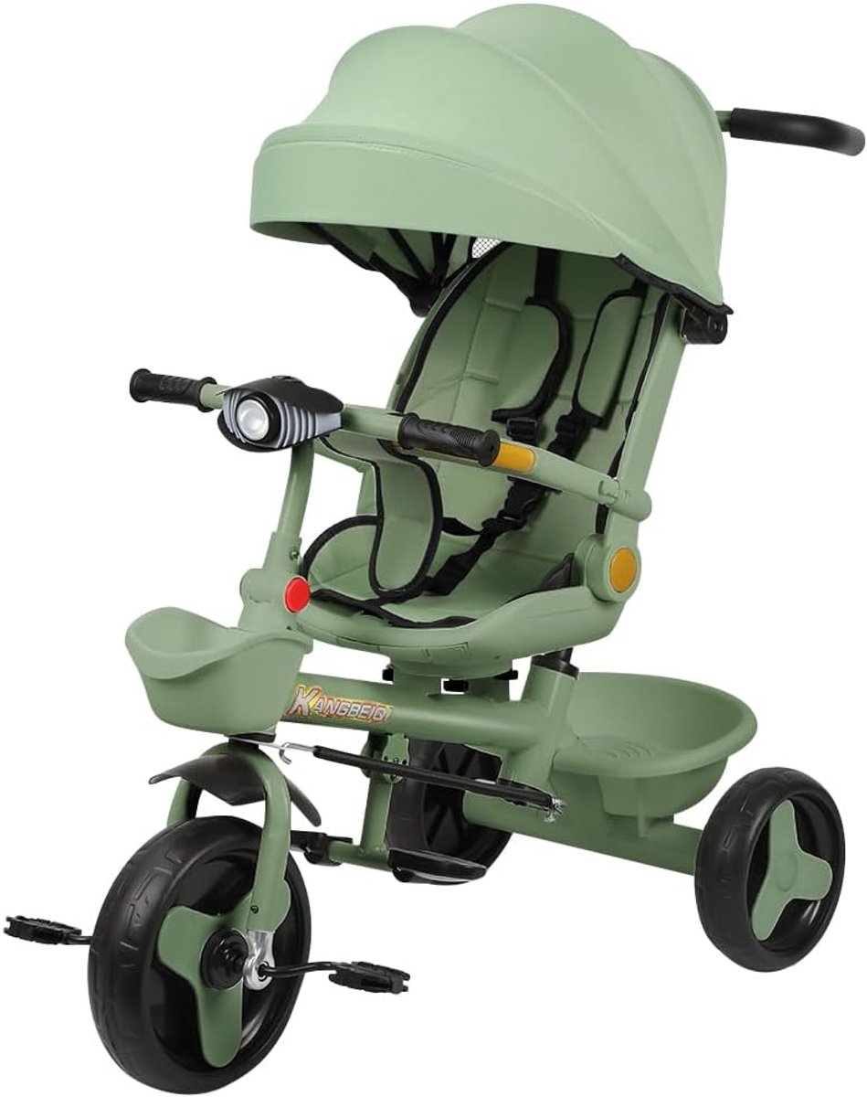 Driewieler voor kinderen, schaalbaar, met omkeerbaar zitje, trike baby, fiets, kinderwagen, schaalbaar, stille wielen en zonneklep, driewieler met pedaal, (b) 100 x 75 x 50 cm, groen