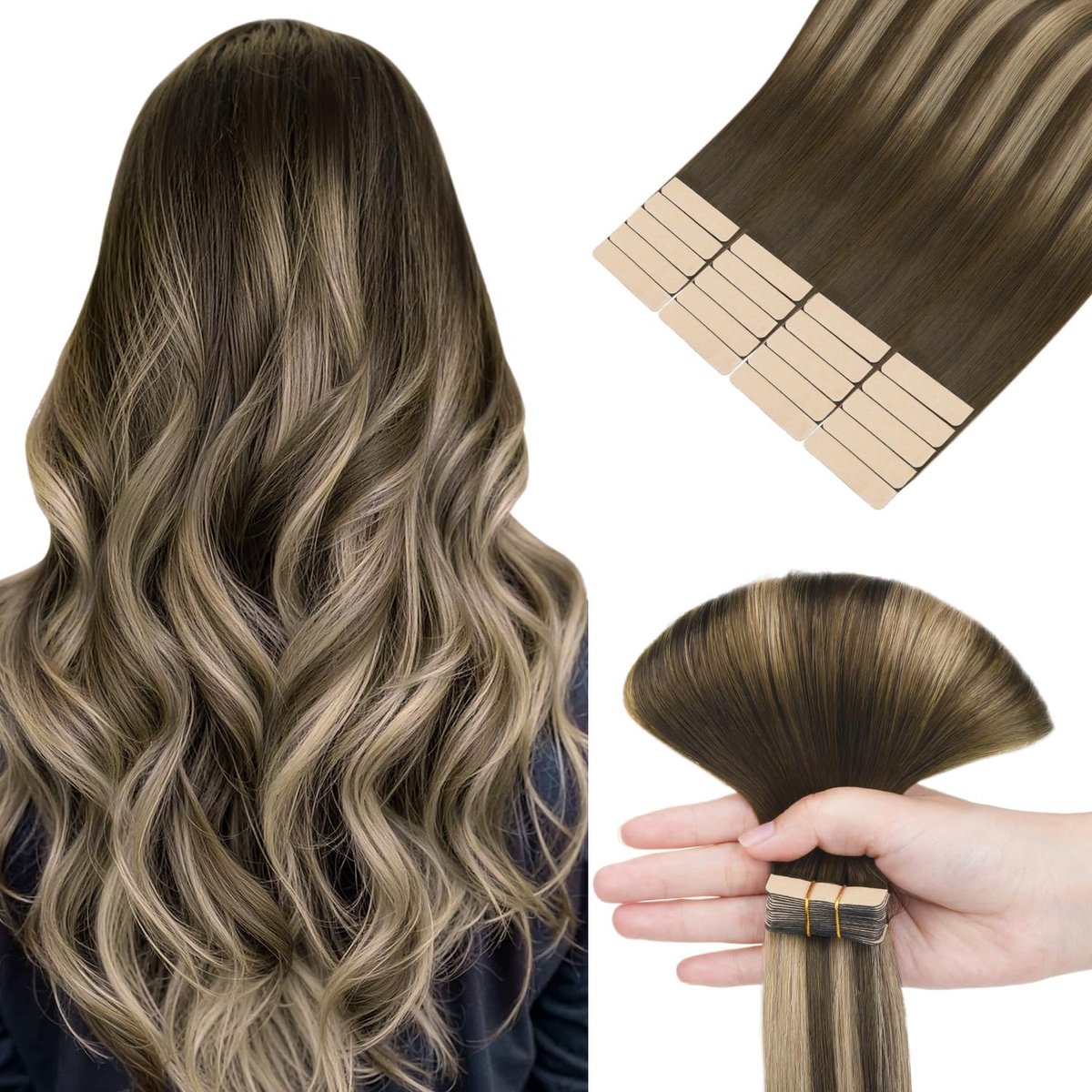 Hotbanana Tape in Hair Extensions, balayage chocoladebruin tot honingblond, tape-in haarextensies, echt mensenhaar, natuurlijk steil Remy echt haar, 50 cm, 50 g, 20 stuks