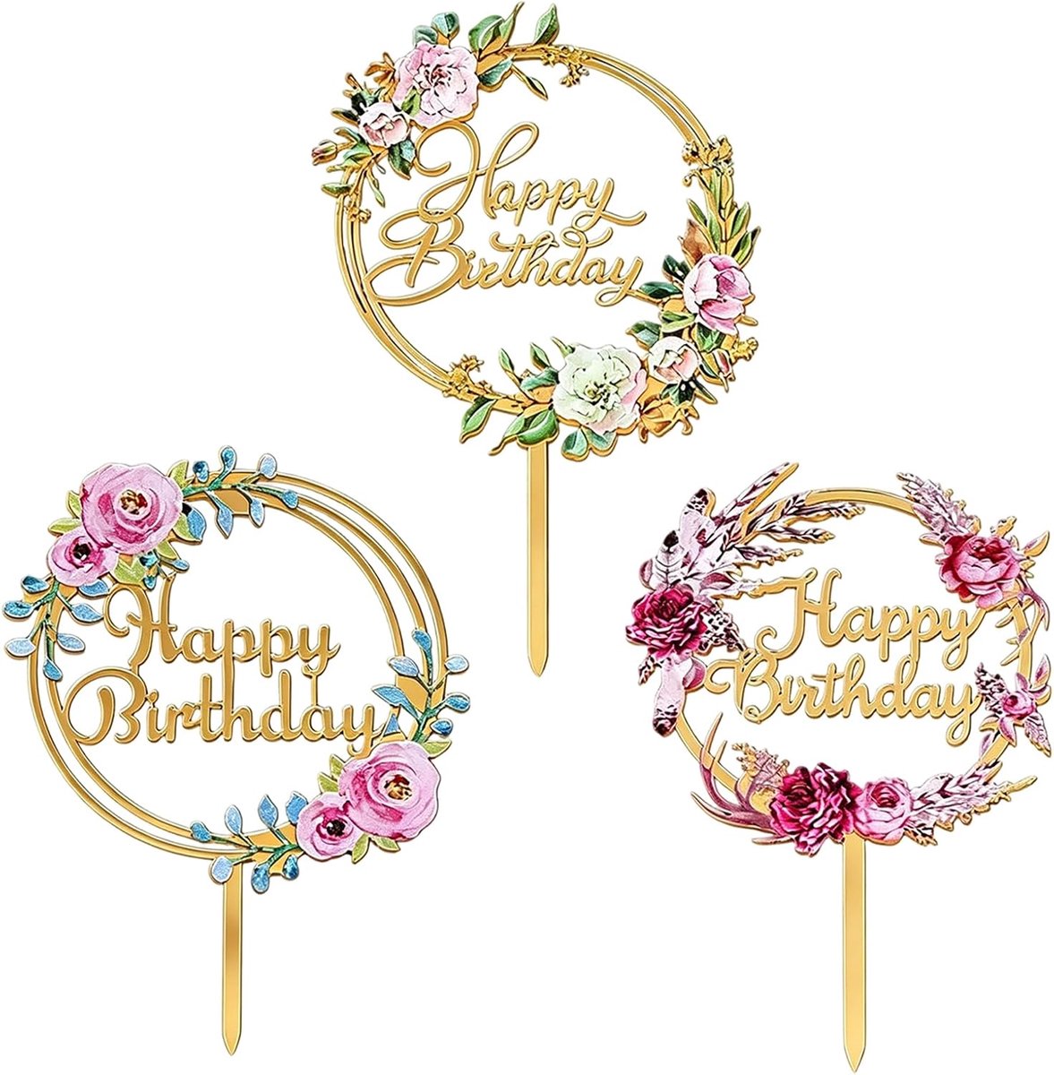 3 stuks bloemvormige taartversieringen van acryl, verjaardagsversieringen, herbruikbare bloemstekers voor jubileumfeesten, decoratieaccessoires voor desserts op damesfeestjes
