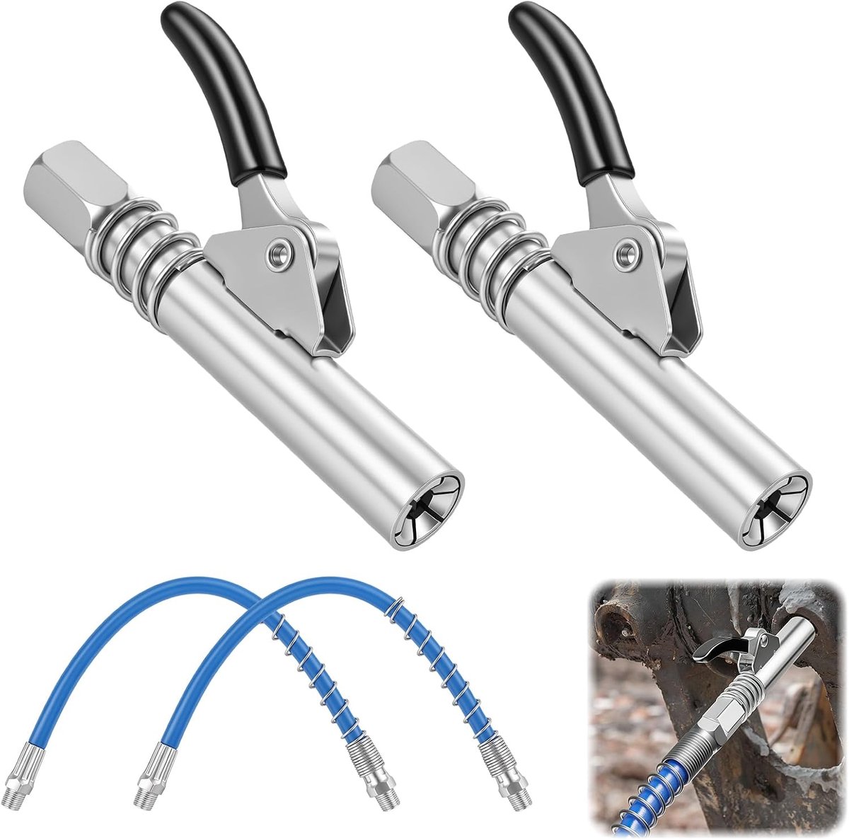 2 stuks opzetstukken voor vetpomp, G-koppeling, snelkoppeling, smeernippel, vergrendeling, 6 bekken, vetadapter 1/8 inch NPT, compatibel met SAE en metrisch, eenhand te gebruiken met 30 cm slang