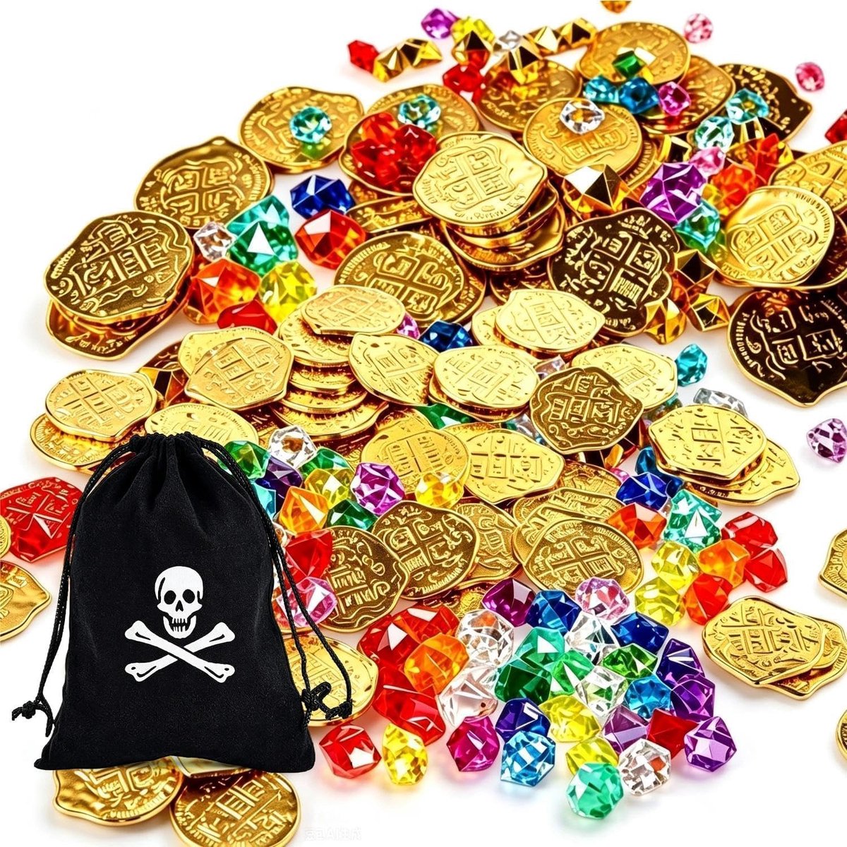 Rxkiocs’ pirate treasure | Pirate gold coins, coloured gemstones, for treasure hunts and birthday parties, birthday party favours, with small pouch
