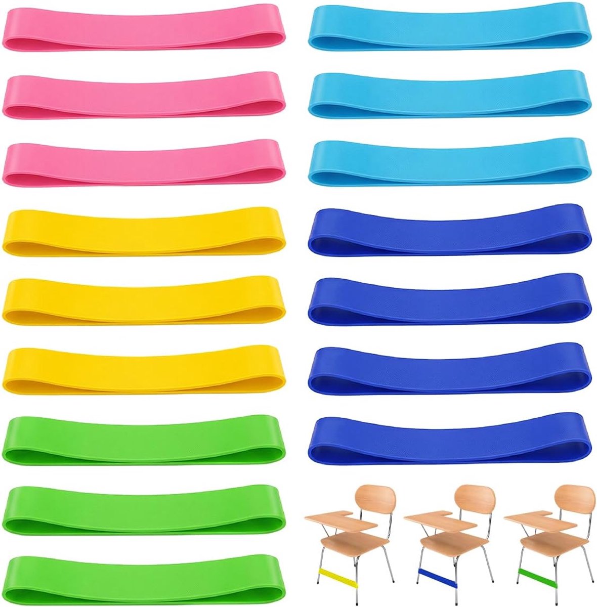 16 Stuks Rekbare Stoelbanden, voor Klaslokalen,Stoelen en Bureaus | Stoelbanden voor Kinderen met Onrustige Voeten,Stoelfriemelbanden (Roze,Hemelsblauw,Felgeel,Lichtgroen,Donkerblauw)