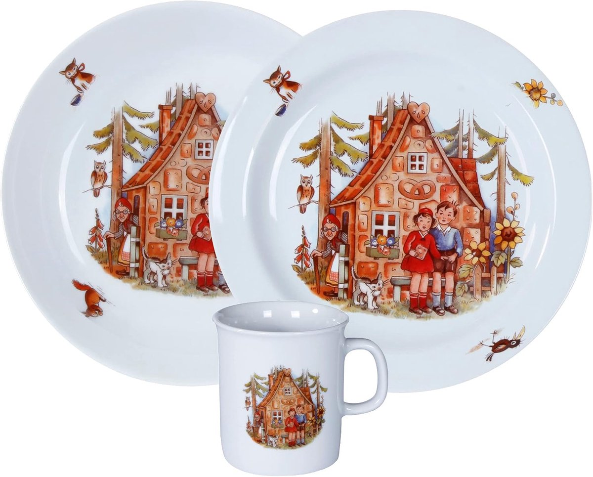 Kinderservies 3-delig porselein Prachtig kleurrijk sprookjesmotief "Hänsel & Gretel" by L.E.R.D.93