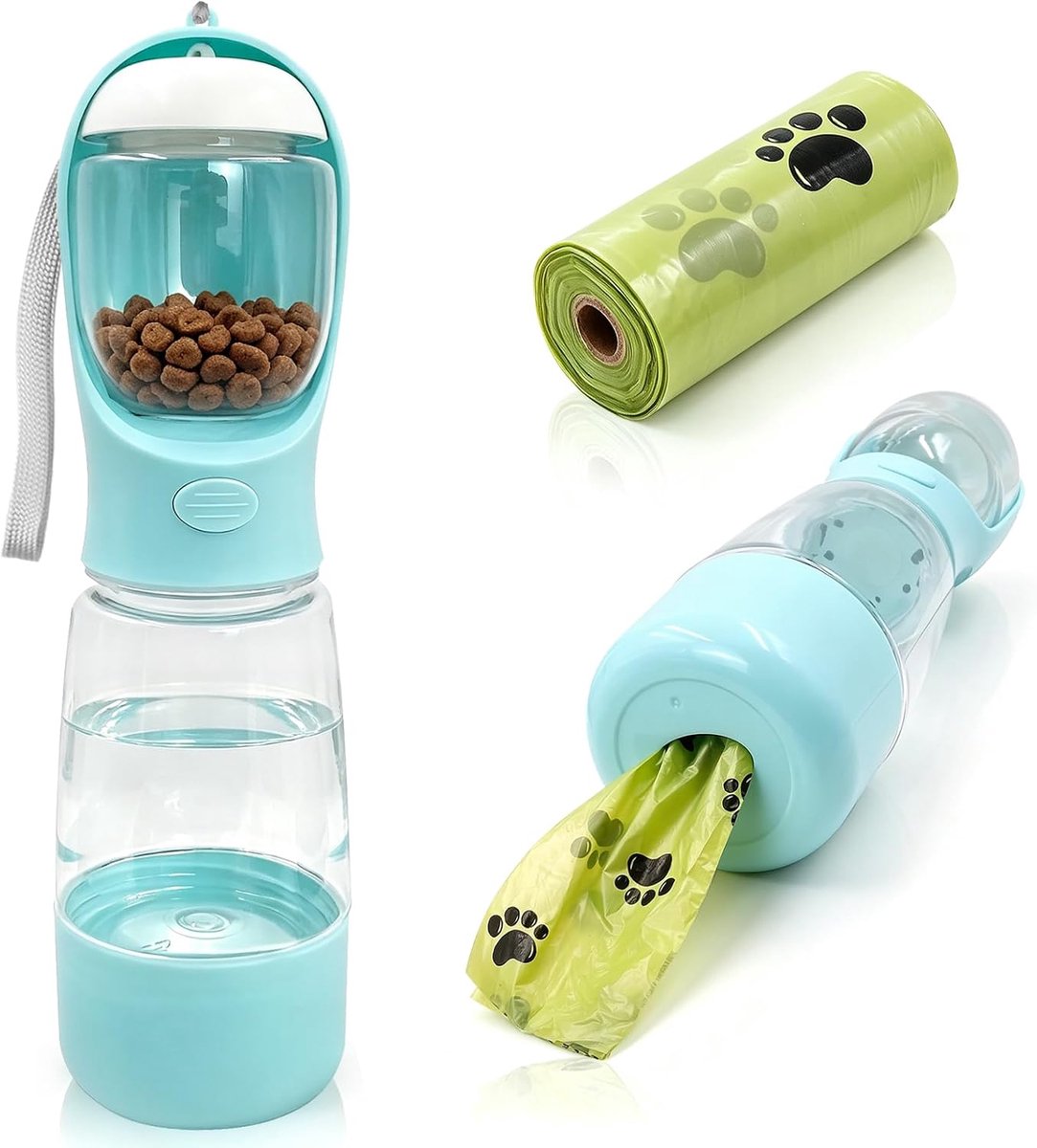 Hondendrinkfles 400 ml - Draagbaar - 4-in-1 met voerbak en poepzakdispenser - Perfect voor wandelen - ShopVlot