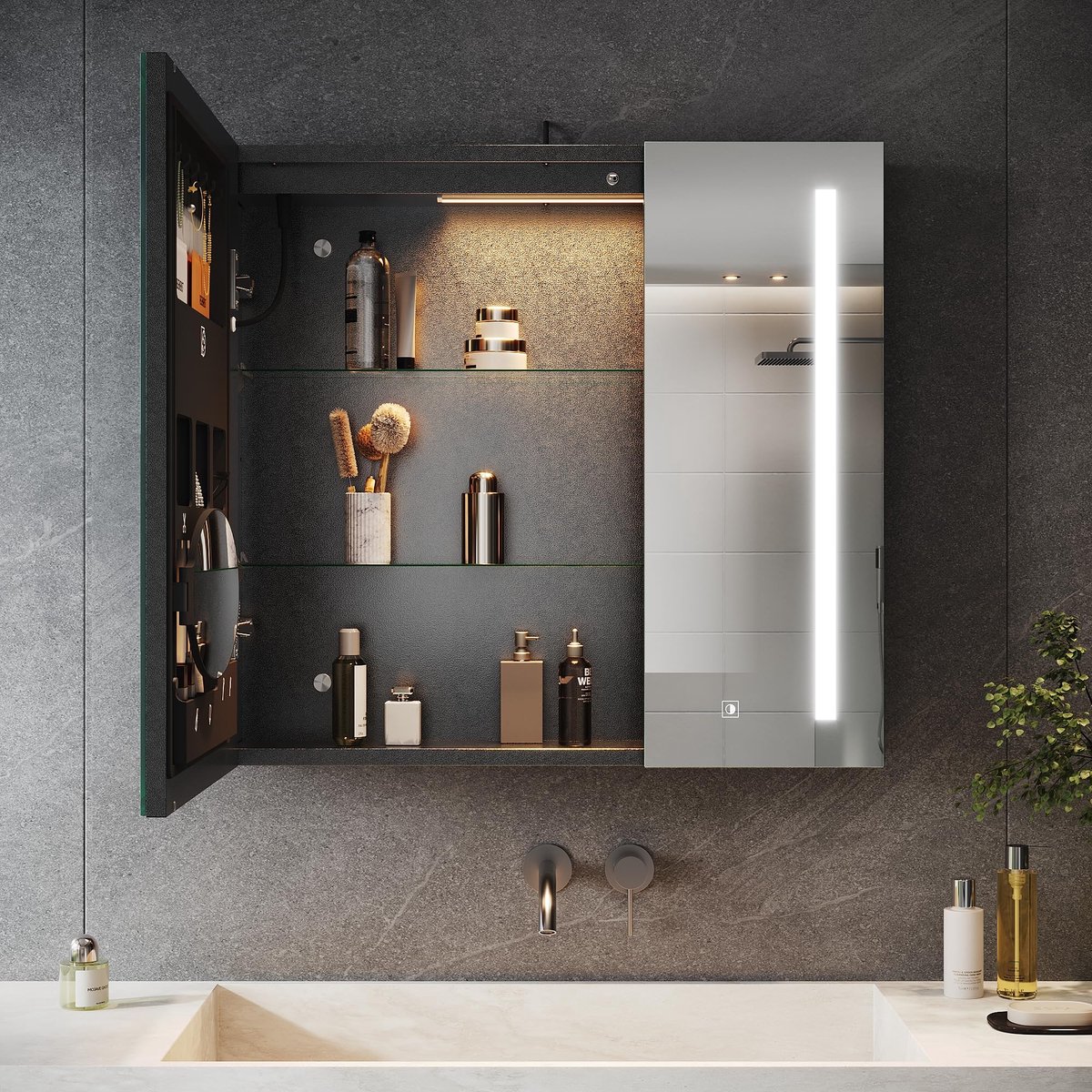Spiegelkast badkamer 70 x 65 cm - donkergrijs - met verlichting en make-up plank - ideaal voor dagelijkse verzorging - ShopVlot