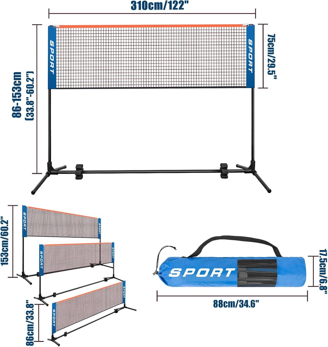 Badmintonnetset 3 m - Draagbaar en in hoogte verstelbaar - Inclusief palen en draagtas - Ideaal voor sportplezier - ShopVlot