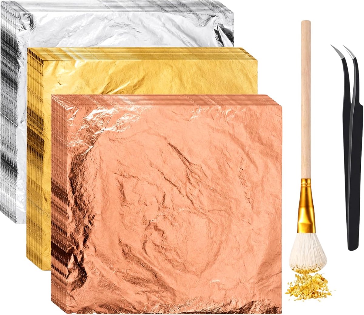 Bladgoud papier set 150 vellen - 14x14 cm in goud, zilver & roségoud - incl. pincet & borstel - ShopVlot