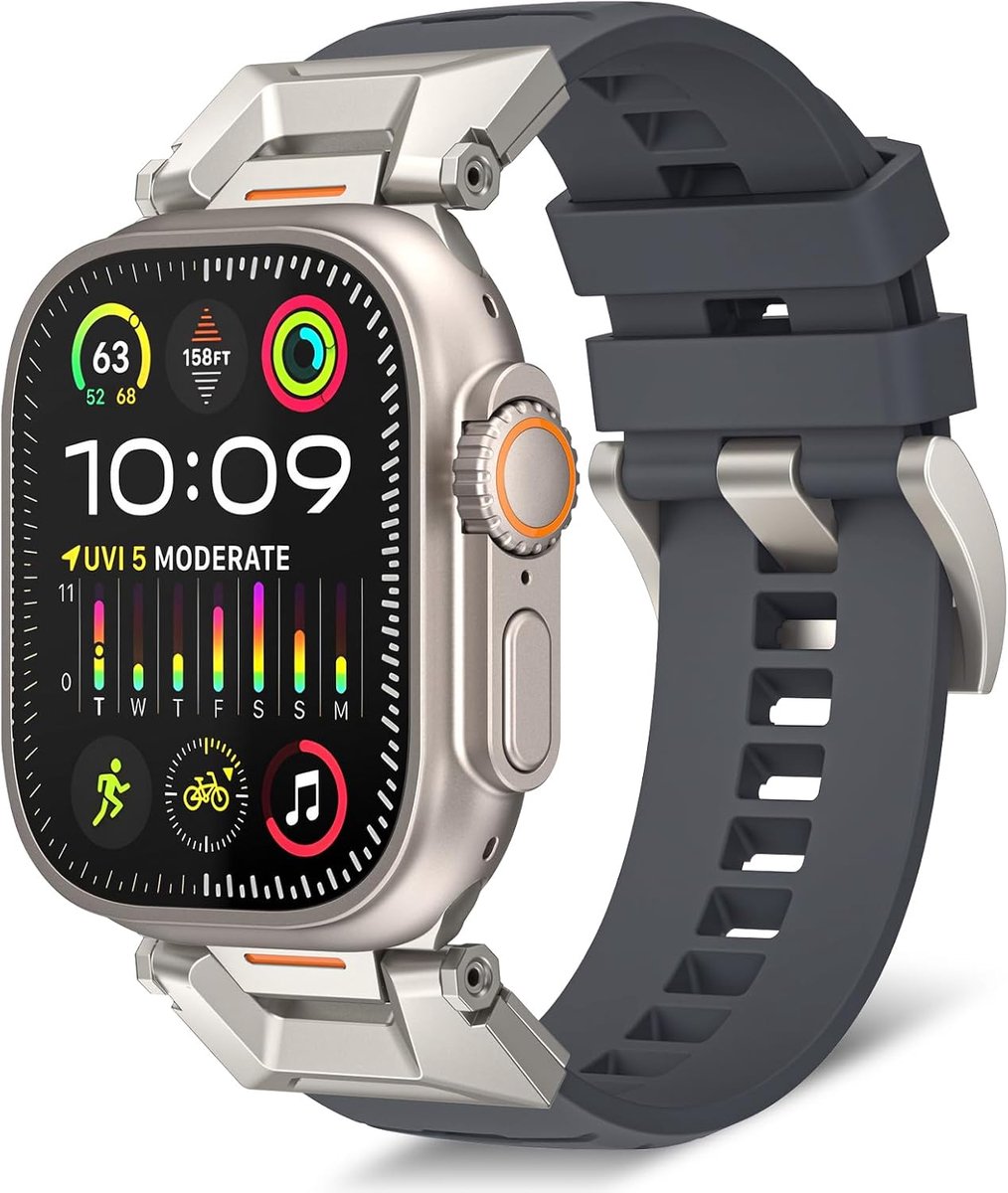 Vervangband voor Apple Watch 49 mm - RVS 304 met fluorescerend rubber - Geschikt voor iWatch Series 9/8/7, 45 mm - ShopVlot