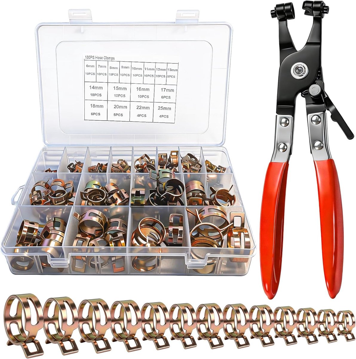 Slangklemmen set 130 stuks 6-25 mm - Robuuste opslagbox - Voor auto en tuin - Inclusief klemmen tang - ShopVlot