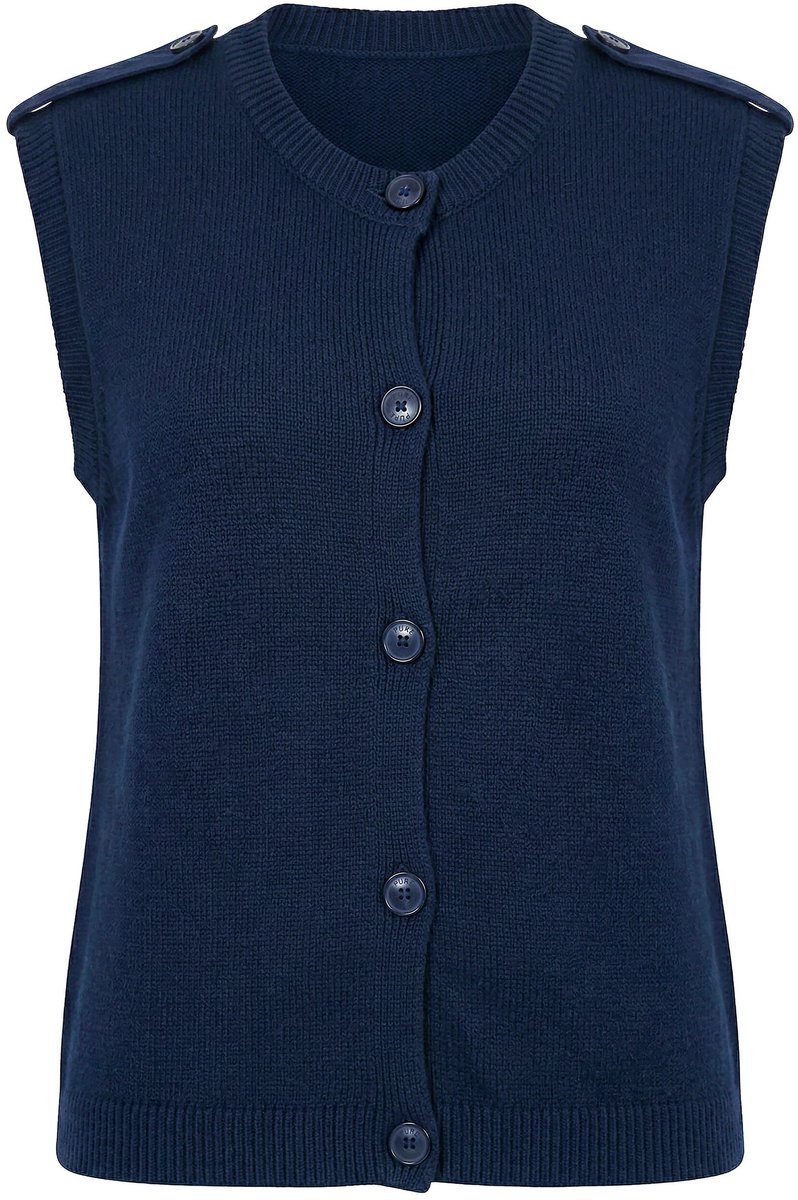 Ulla Popken - Dames - Gebreid vest sierknopen ronde hals mouwloos - Marine - Maat 42+