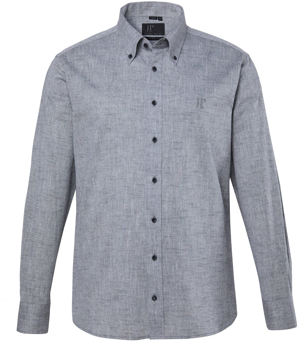 JP 1880 - Heren - Overhemd lange mouwen modern fit chambray buttondown kraag - Zwart - Maat 3XL