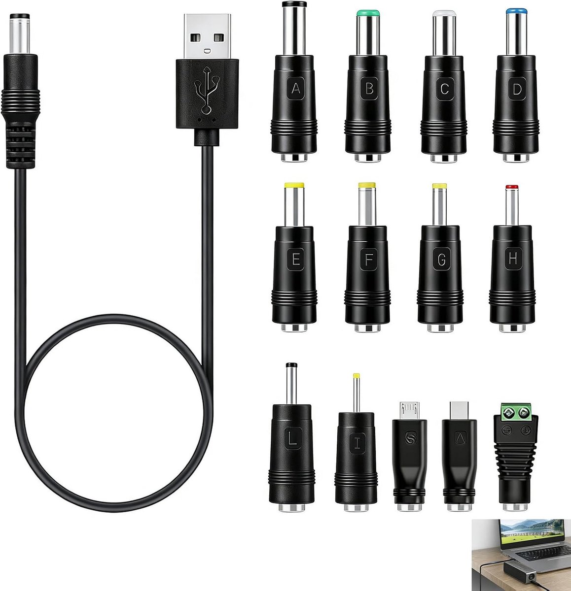 USB-naar-DC-stroomkabel 5 V - 5,5 x 2,1 mm - 13 verwisselbare adapters - ideaal voor elektronica - ShopVlot
