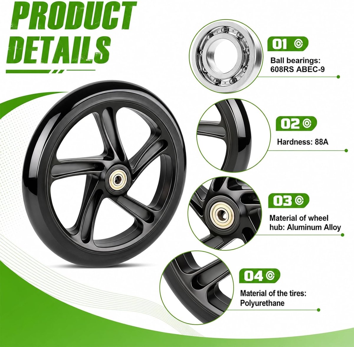 Scooterwielen 200 mm - Reservewielen met ABEC-9 lagers - Hardheid 88A - Geschikt voor stunt scooter en citystep - ShopVlot