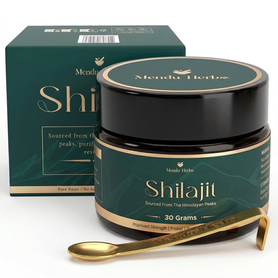 Pot met Shilajit hars van Mendu Herbs, 30 gram, uit de Himalaya. Gouden schepje erbij.