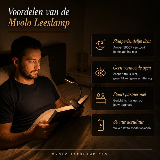 Mvolo® LED Leeslamp met Klem - Dimbaar - Blauwlichtvrij - Oplaadbaar - Amber Licht - Klemlamp - Bedlampje - Melatonine - Nachtlampje - Flexibel - Slaap - Leeslampje voor Boek van MVOLO — afbeelding 5
