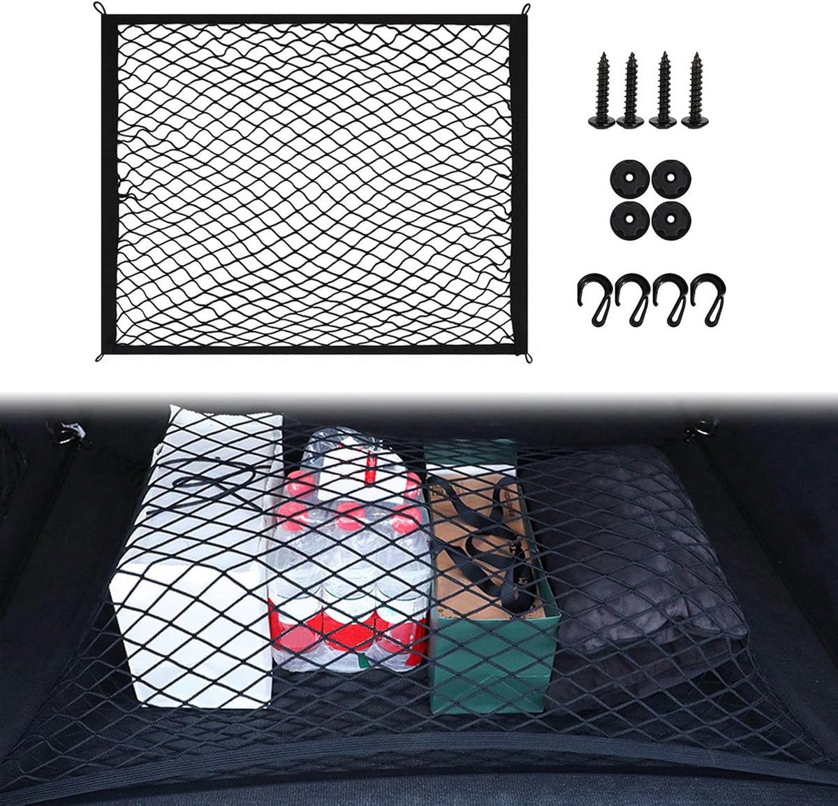 Bagagenet voor auto 80 x 60 cm - elastisch polyester - scheurvast en duurzaam - voorkomt wegglijden - ShopVlot