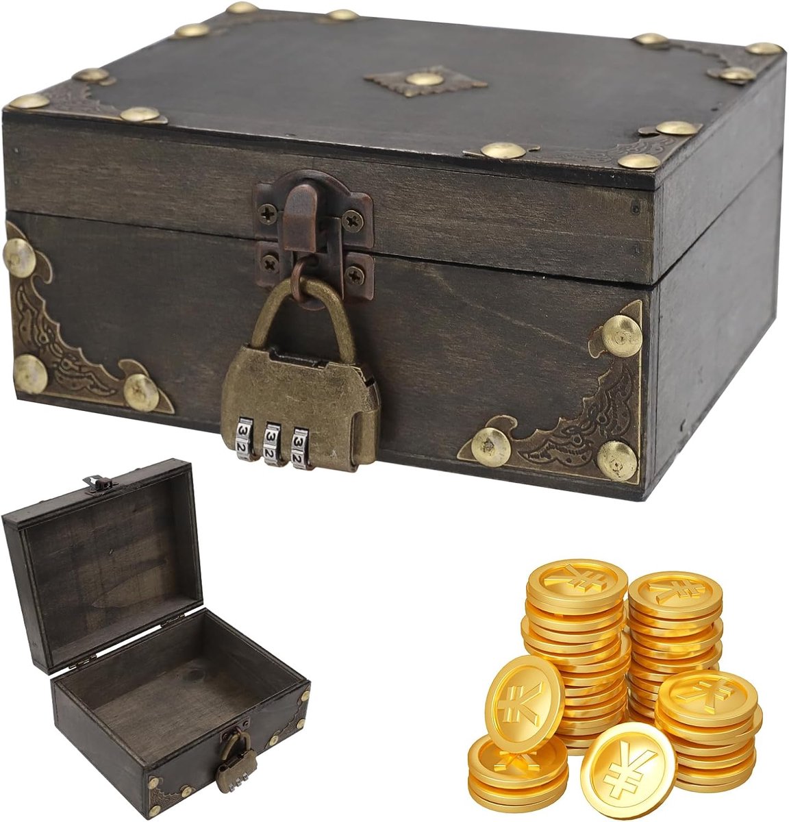 Coffre au trésor mini - vintage houten kist - met combinatie slot - voor kinderen en als spaarpot - ShopVlot