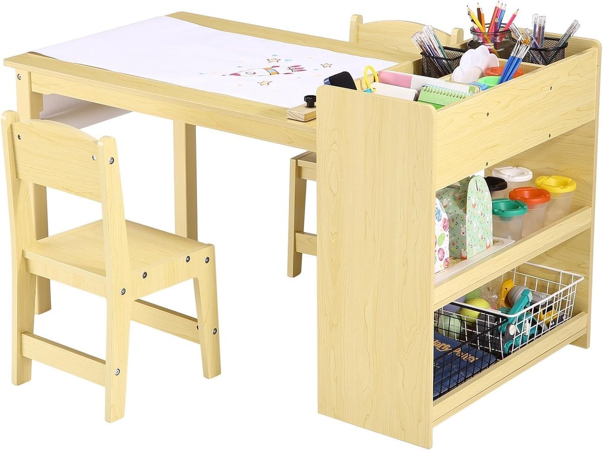 Triumpunpre - Kindertafel met 2 stoelen - veelzijdig leerset - tekentafel met opbergplank en boekenrek - geschikt voor kinderen 3-5 jaar - Geel