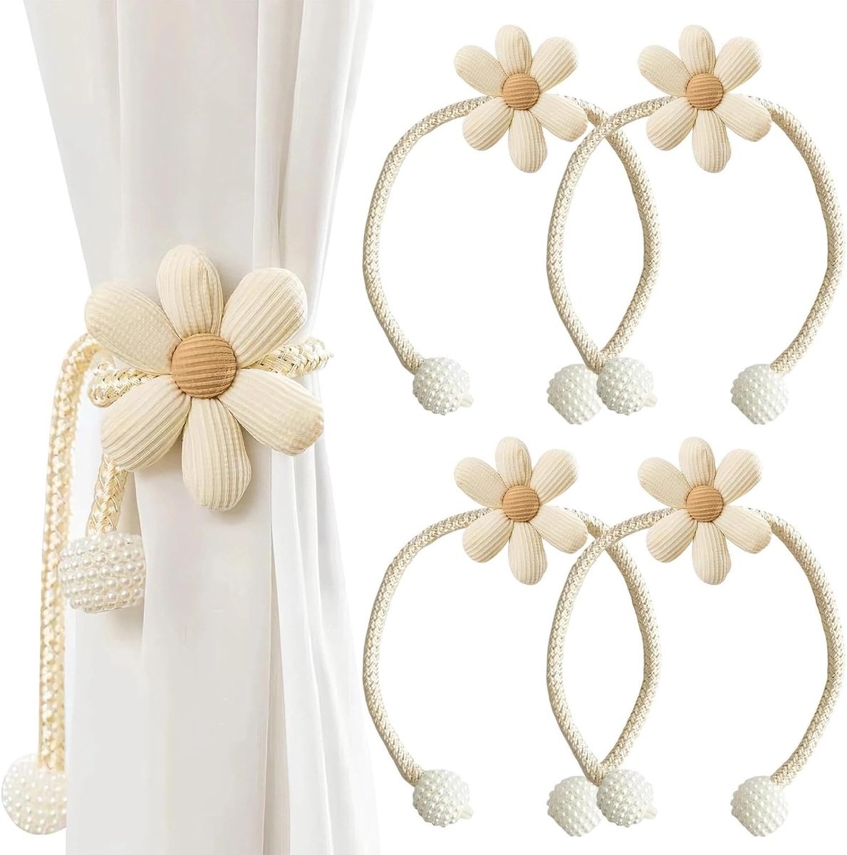 gordijnhouders 4 stuks - bloemenpatroon - wit polyester - decoratie voor woonkamer en kinderkamer - ShopVlot