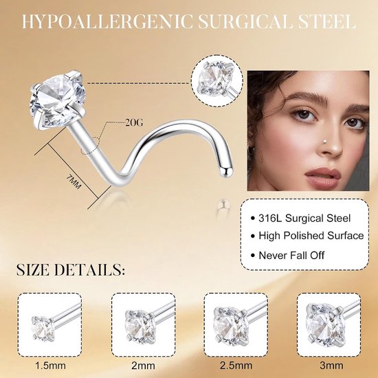 Studs voor vrouwen, 316L chirurgisch roestvrij staal, hypoallergene neuspiercing, sieraden, L-vormige oorstekers, 20G, transparant, zwart, roze, CZ-neuzenset, 1,5 mm, 2 — afbeelding 2