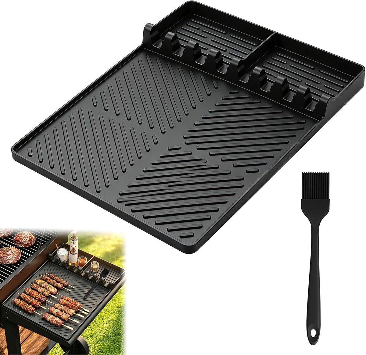 Grillmat voor Gasbarbecue, Zwarte Siliconen Legmat voor BBQ-Gereedschap met Borstel, Antislip Grillmat met 3,5 cm Hoge Rand voor Tang, Spatel en Kruiden