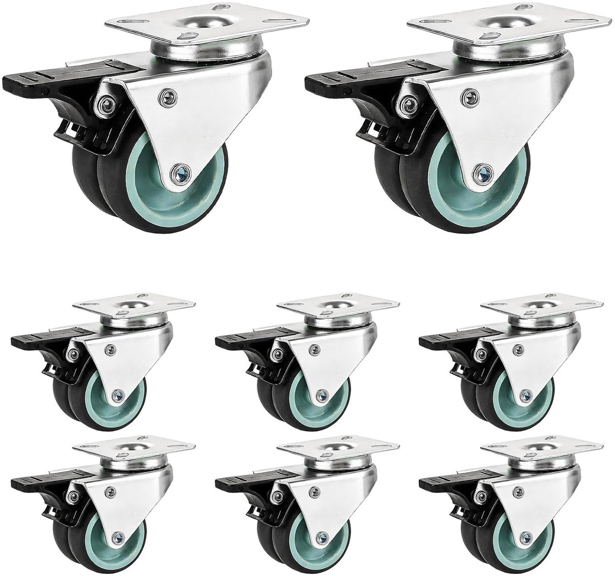 8 stuks zware wielen van 5 cm met rem | Meubelwielen van TPR met plaat en schroeven, wielen voor meubels, transportwielen voor wagen, werkbank, rek, apparaten