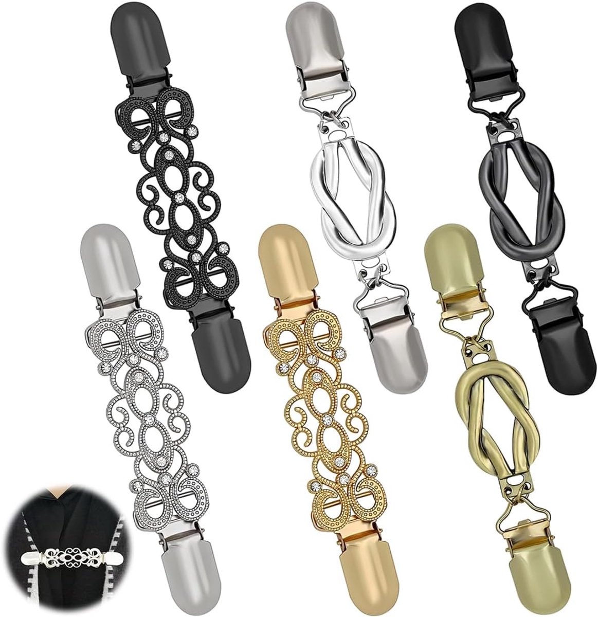 6-Delige Set: Kledingclip,Riemclip,Gouden en Zilveren Zwarte Sjaal,Knooprok,Overhemd,Clip,Broche,Jurk en Broek