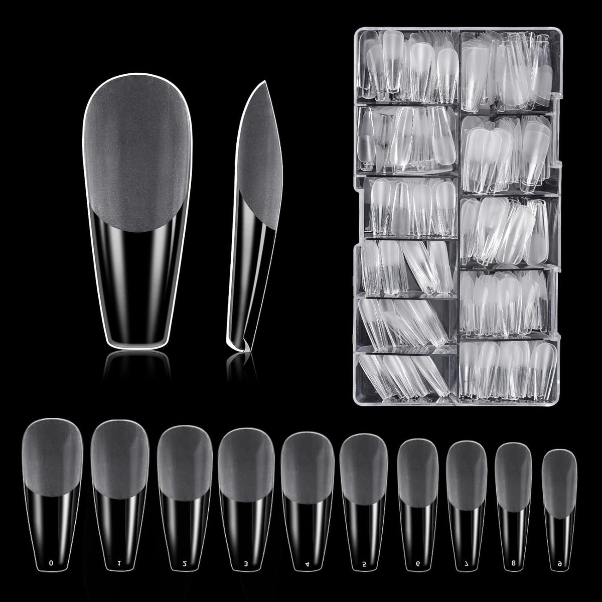 Kunstnagels, 500 stuks, acryl, transparant, Amerikaanse nagelset, met opbergkoffer voor manicurestudio's en doe-het-zelf, nail art thuis, 10 maten (halfmat)