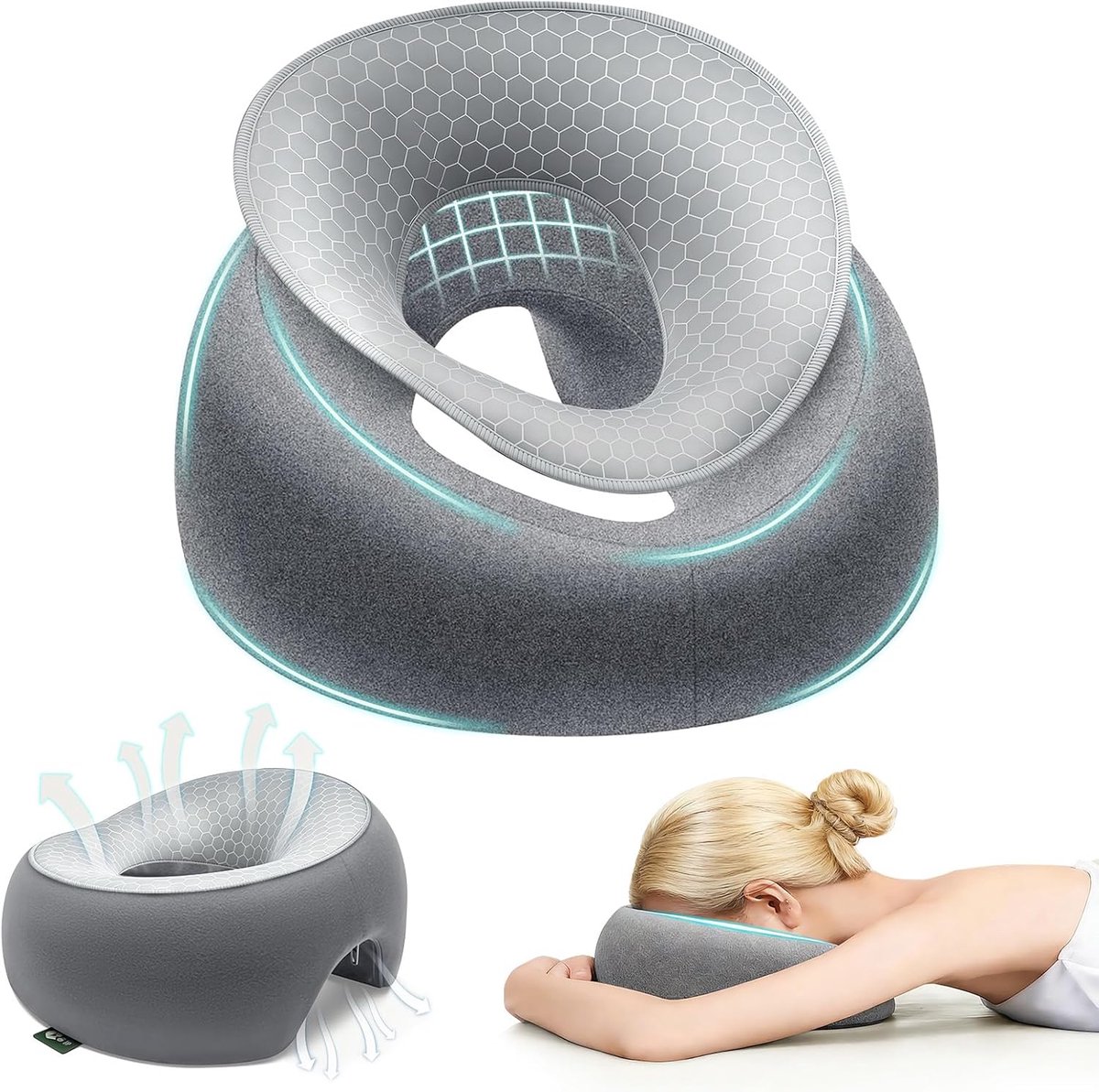 gezichtskussen met ademgat, U-vormig massagekussen, hoofdsteun voor bed en massagestoel, gezichtswiegkussen voor spa, salon, kantoor en lunchpauze, zacht, met ijszijde kussensloop