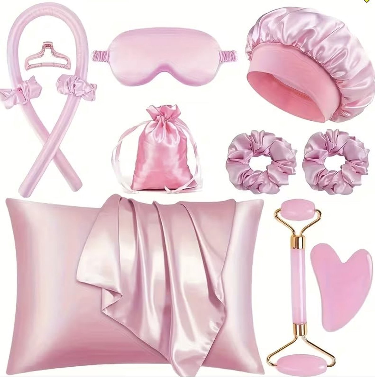 12-delige set voor krullenstyling in de slaap (krulhoofdband, krulspelden, gezichtsmassageapparaat, kussensloop, scrunchies, slaapmasker, slaapmuts), hittevrije krulset voor gebruik 's nachts