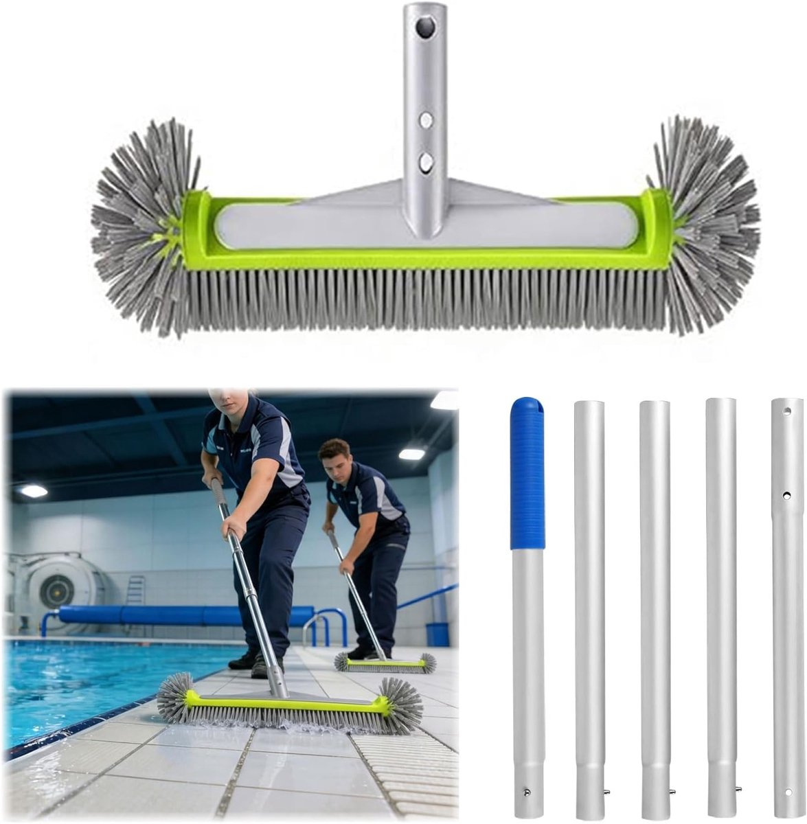 Poolborstel voor foliezwembad, zwembadborstel, zwembadbezem, zwembadreiniging, reinigingsborstel met halfronde borstelharen voor zwembadwanden, tegels en treden (A - met verlengstang)
