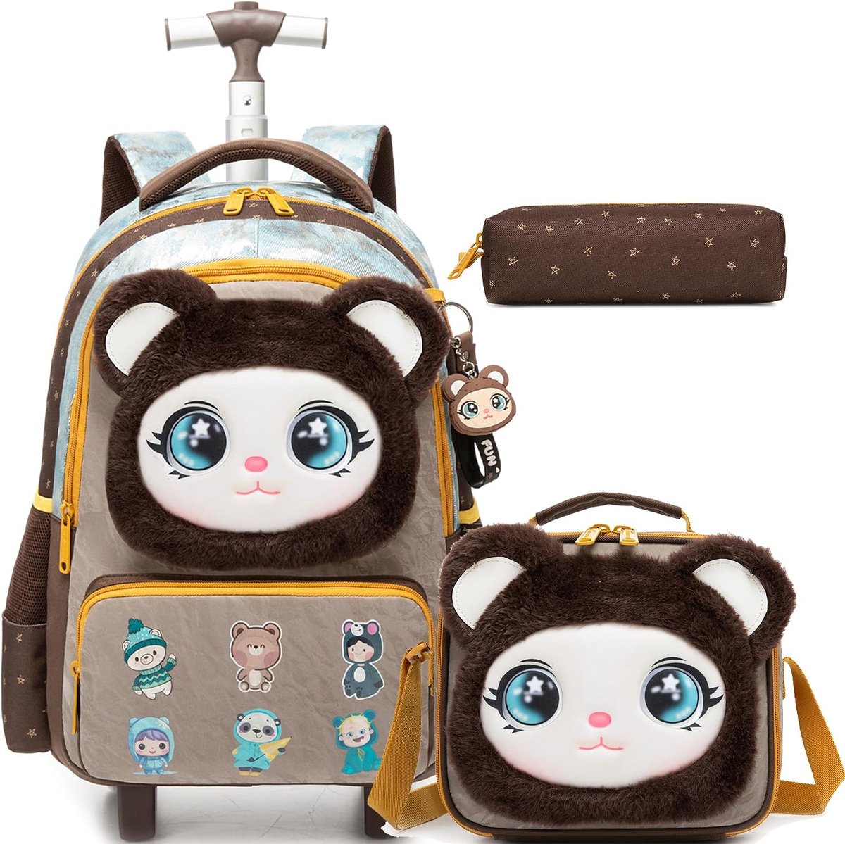 Trolleyrugzak met wielen, etui, lunchtas, 3-in-1, gemakkelijk oprolbaar, voor meisjes, schooltassen