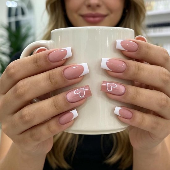 48 stuks press on nails, French nagels, middellang, creatieve nepnagels met wit hart, kunstnagels, herbruikbare kunstnagels om op te plakken, voor vrouwen, doe-het-zelf manicure — afbeelding 5