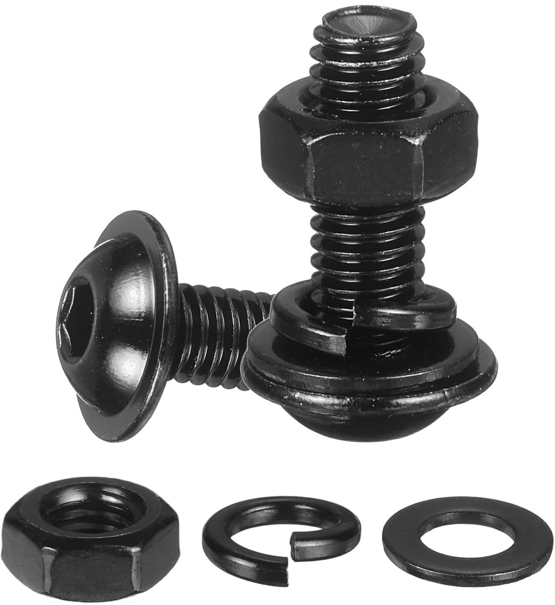 Sets knoopschroeven met sluitring, M6 x 18 mm, roestvrij staal 304, zwart, 18-8 zeskantschroeven, moeren, sluitringen en zekeringen