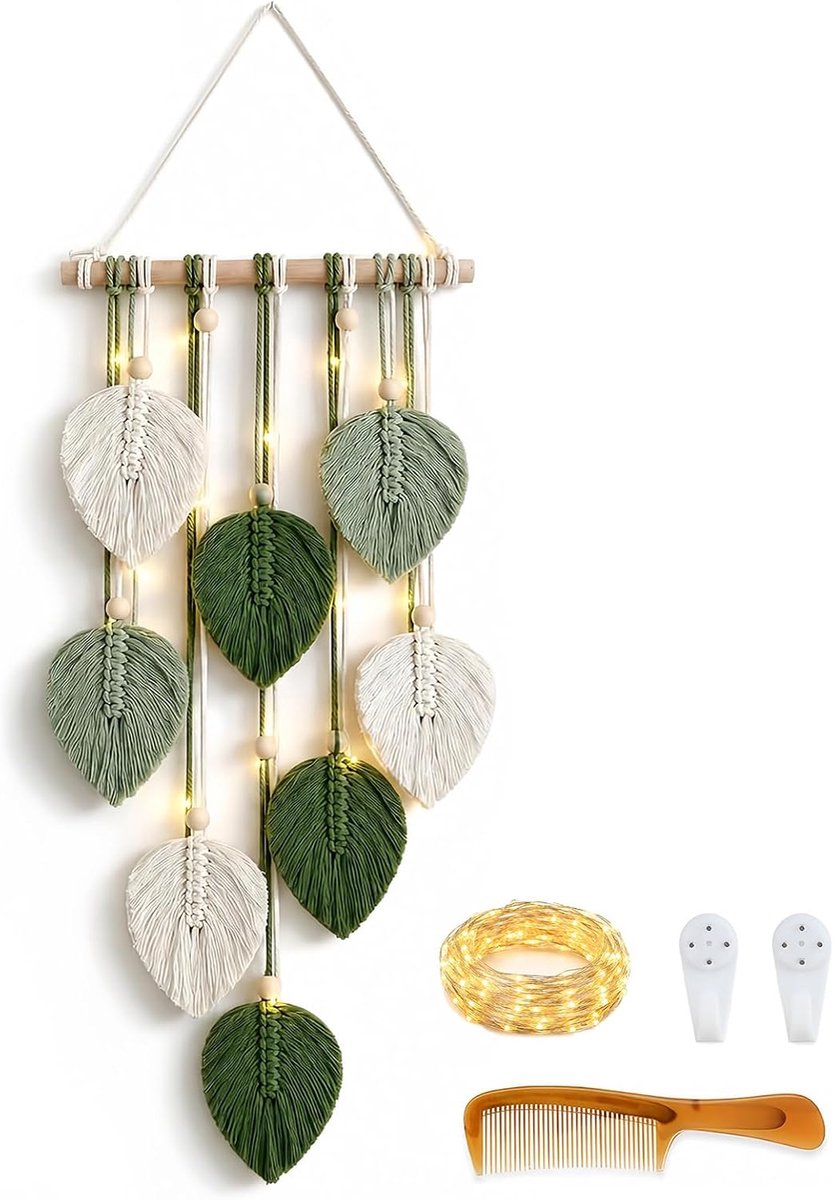 Boho decoratieve wanddecoratie, macramé wanddecoratie, slinger met 3M led + kam, gecombineerd met houten kralen en groene bladeren, ideaal voor slaapkamer, woonkamer, kinderkamer en caravan.