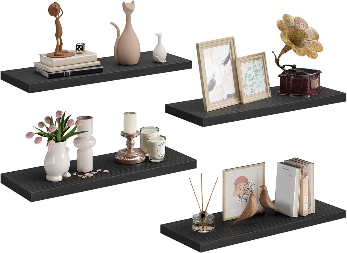 Zwevende wandplank set van 4, 40 cm met T-dragers, zwart | met waterpas, eenvoudige montage, wandplank voor woonkamer, keuken, slaapkamer en badkamer