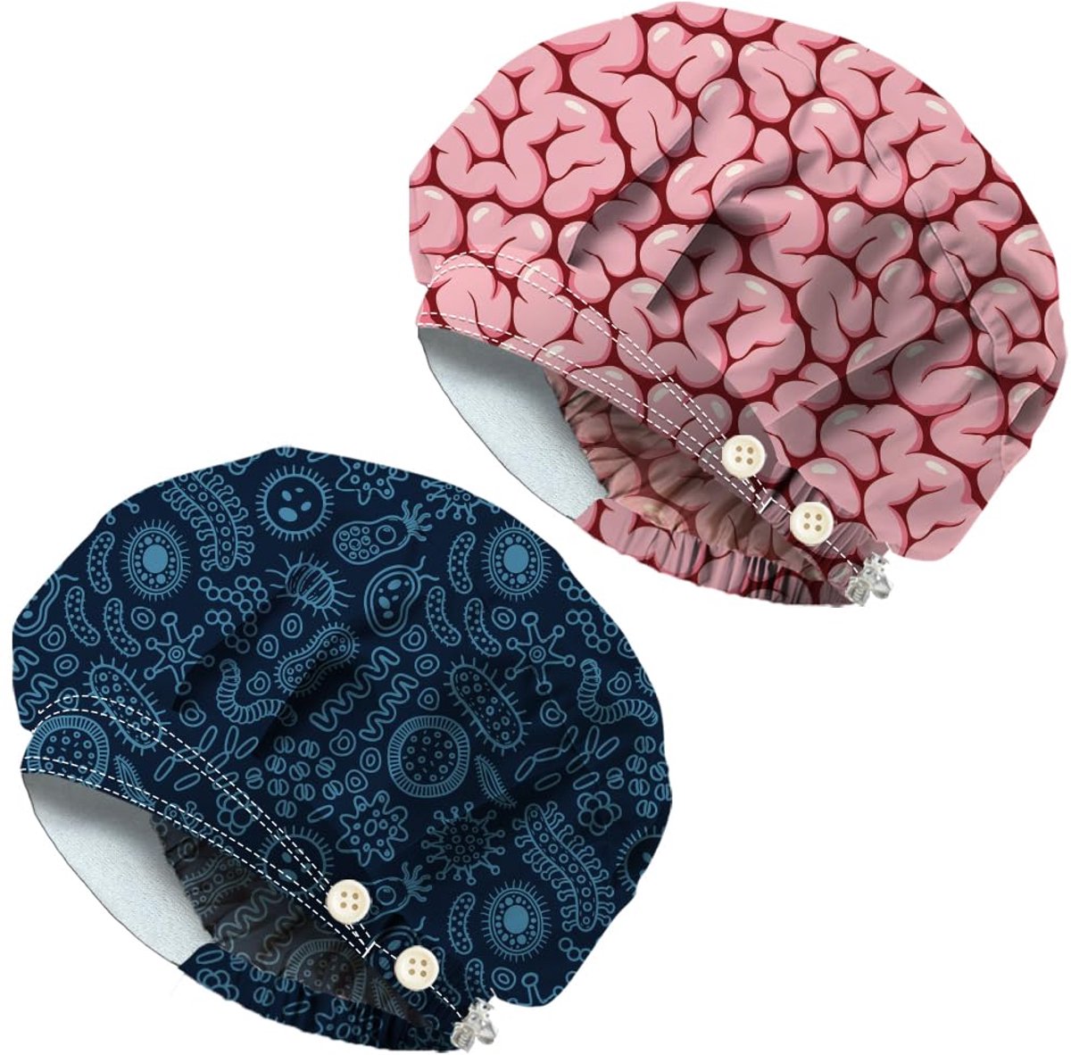 2 stuks hersenen grappige schrobcaps verschillende micro-organismen verpleging arts chirurg werk caps unisex elastische chirurgische hoeden voor verpleegkundige koken huishoudelijk werk