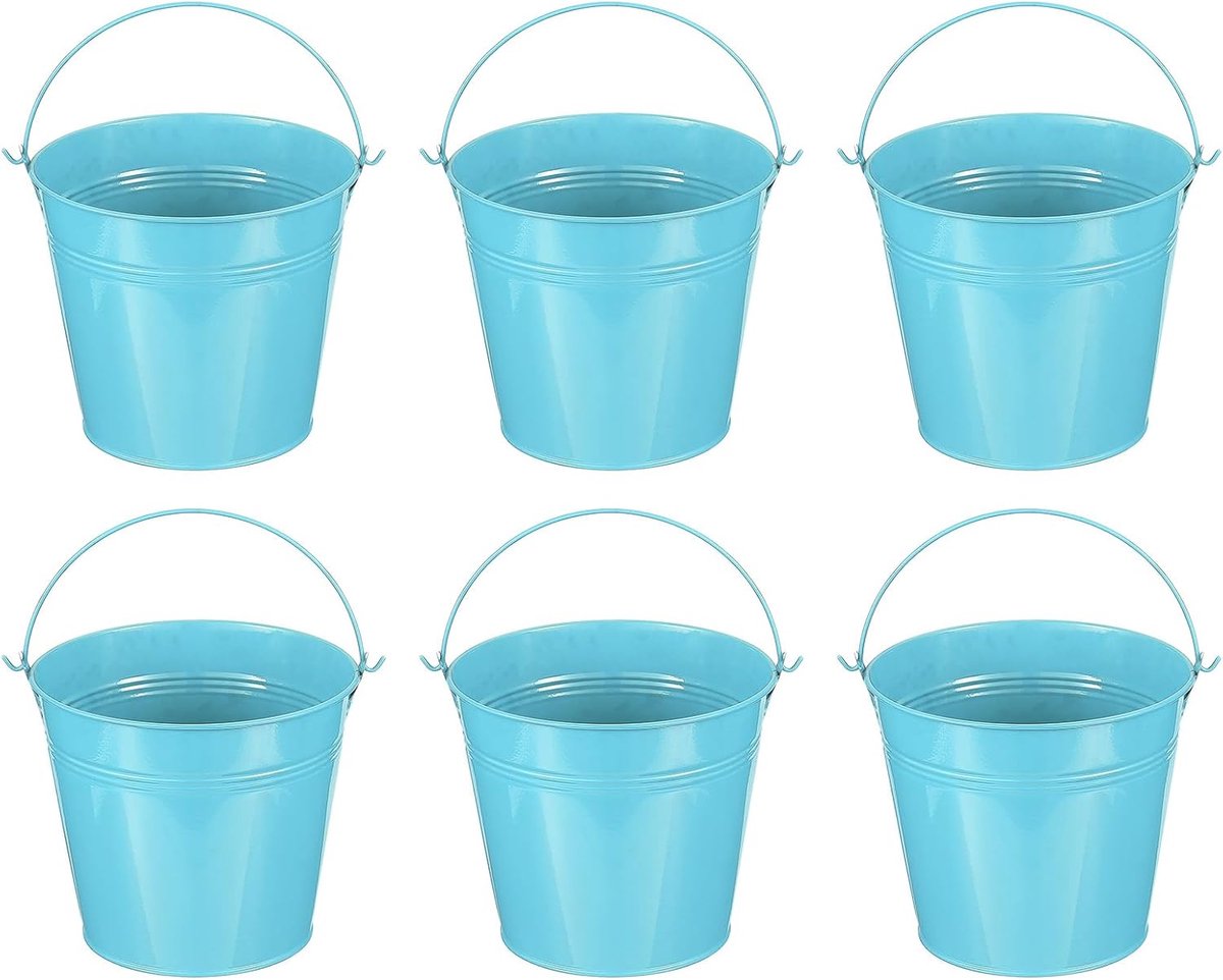 Kleine metalen emmer met handvat, 6 stuks, verzinkt, kleurrijk, voor Pasen, om te knutselen en voor feestjes, blauw