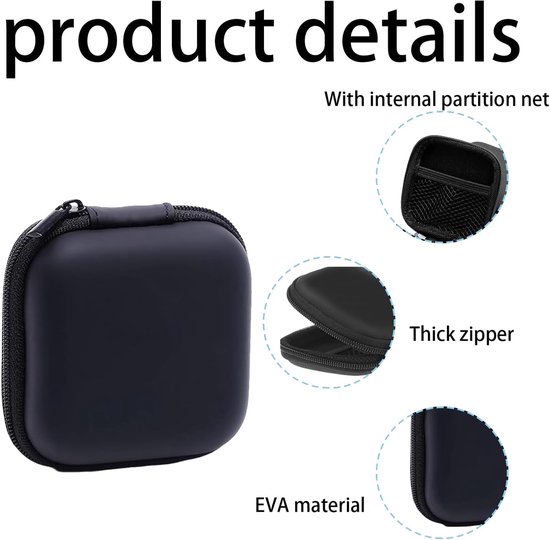 6-delige draagbare hoofdtelefoontas, mini-EVA-organizer, harde schaal met ritssluiting en interne mesh-opbergtas voor bluetooth-hoofdtelefoon, kleine apparaten, oplaadkabel/sleutels (zwart) — afbeelding 5