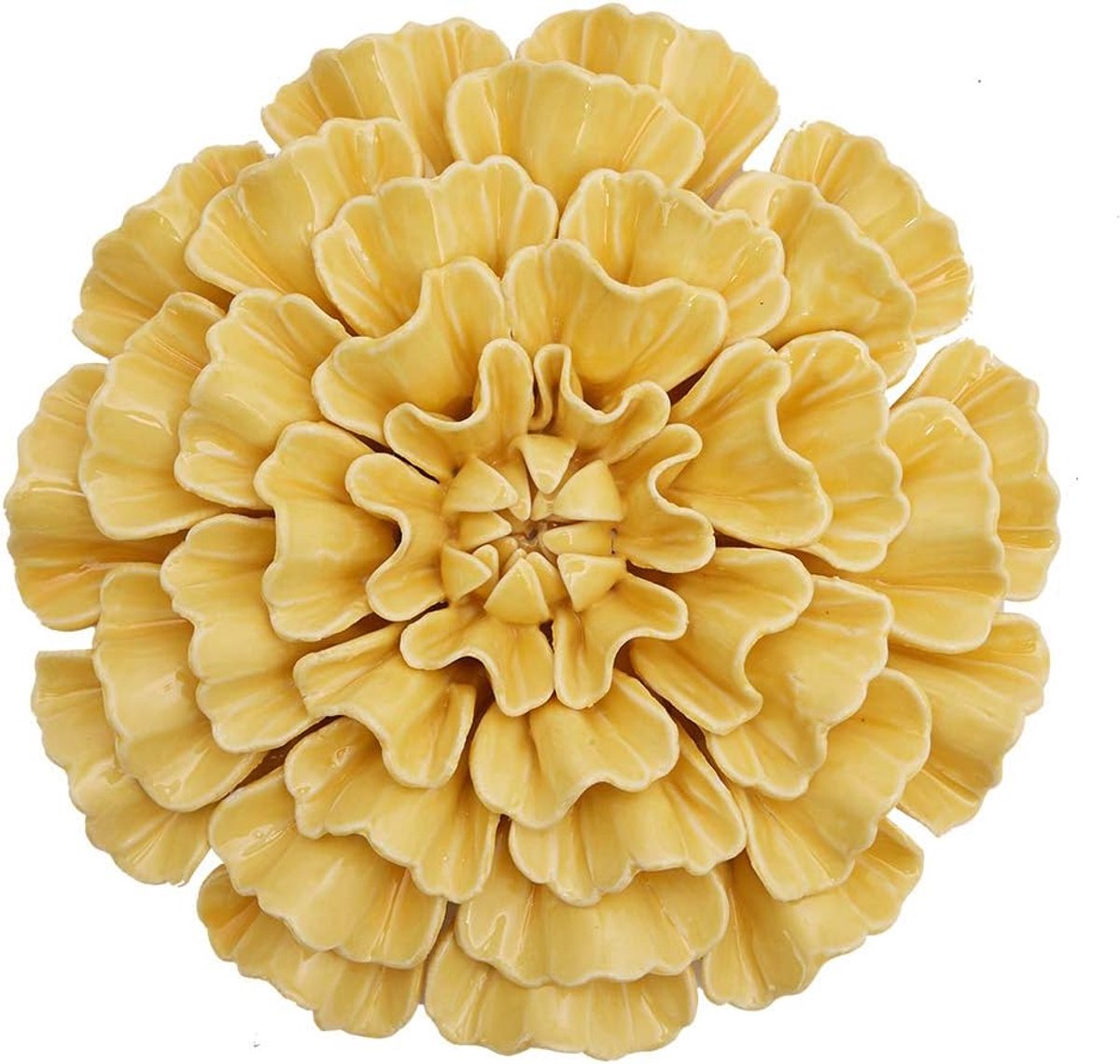 3D Muur Decor Bloem Kunstmatige Wall Art 18cm Dia. Geel Anjer Stijl met Haken Gat Keramische (Haken Inbegrepen) | Glanzend Geel Modern Ornament Handwerk Mode Verjaardag Vakantie Cadeau voor Slaapkamer Woonkamer Cafe