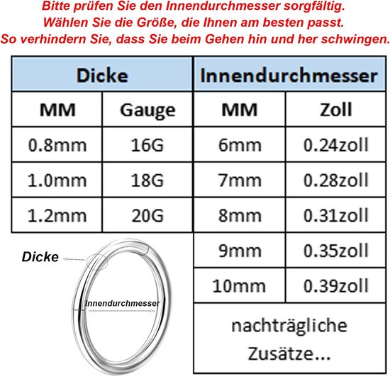 Neuspiercing, ring, scharnier, 316L chirurgisch staal, segmentring-clicker, 20G, 18G, 16G, septum, kraakbeen, nostril, helix, tragus, rook, conch, piercing, 6 mm, 7 mm, 8 mm, 9 mm, 10 mm, — afbeelding 4