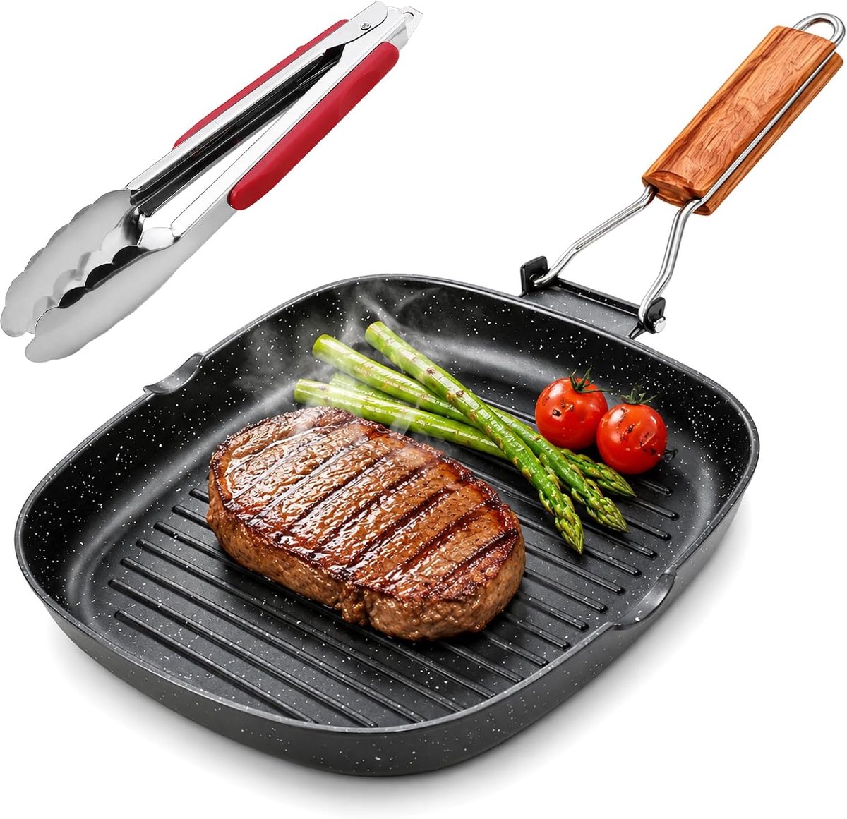 Grillpan inductie met inklapbaar houten handvat, 24 x 24 cm steakpan gietijzeren anti-aanbakpan, steakpan gegroefd met schenktuit voor steaks en grillgroenten, incl. grilltang