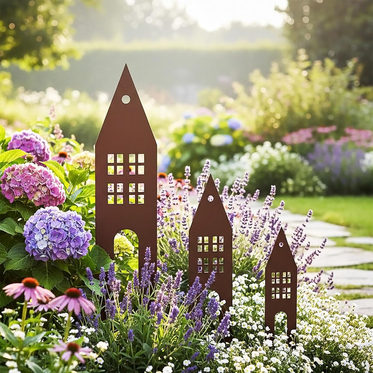 Tuinstekers huis patina look 24-42 cm - set van 3 - decoratieve plantenstekers van metaal in 3 verschillende maten - tuinbordje roeststeker bloemsteker bloemsteker tuindecoratie