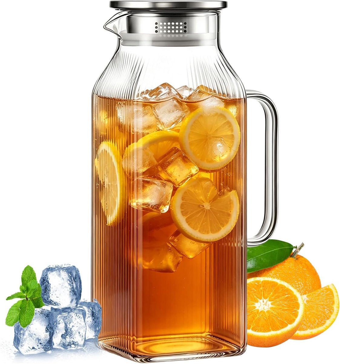 karaf 2 liter, met verzegeld deksel, gemakkelijk te reinigen, hittebestendige waterkaraf met handvat, voor koud warm water, ijsthee, wijn, sap, thee, melk (verticale strepen)