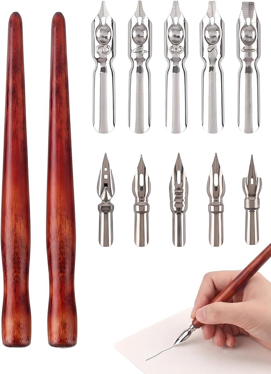 pennenset 2 stuks. Vintage massief houten handvat | Rood met 10 verwisselbare veren | Starterkit voor beginners, handschrift & kalligrafie kunst