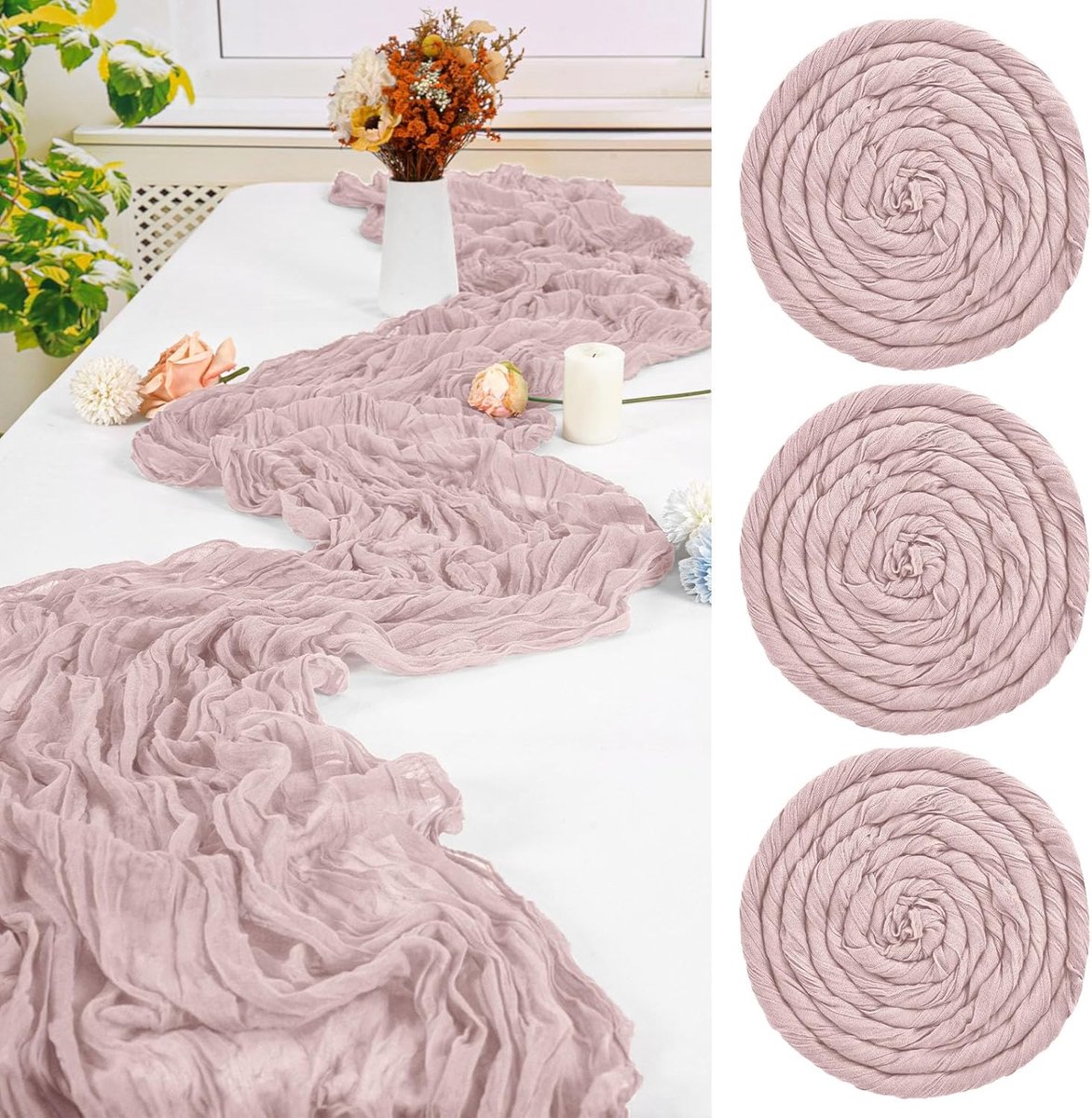 3 stuks oudroze tafelloper, 55 x 300 cm kaasdoek tafellopers, romantische doorschijnende tafelloper, 10 ft gaas, boho tafelloper, rustieke kaasdoek tafelloper voor bruiloftsfeest